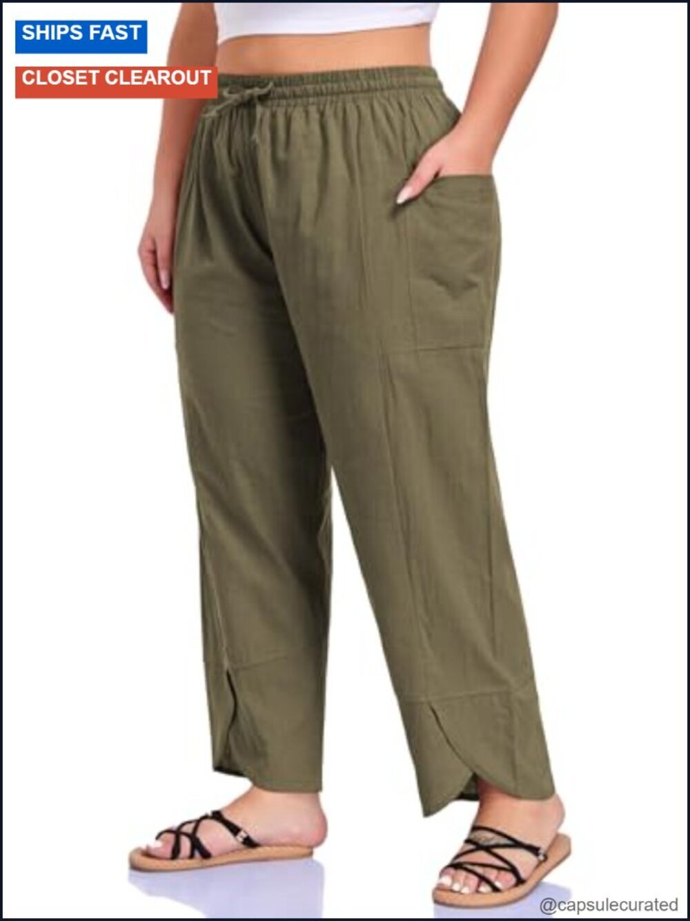 Plus Size Wide Leg Linen Cotton Pants Elastic Waisted Ankle Length with Pockets